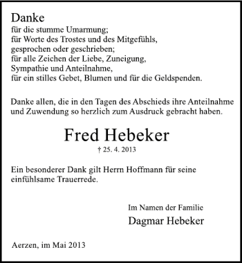 Traueranzeige von Fred Hebeker von Deister- und Weserzeitung