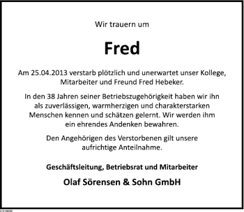 Traueranzeige von Fred Hebeker von Deister- und Weserzeitung