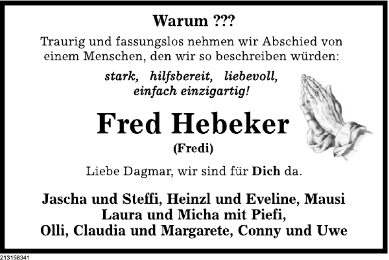  Traueranzeige für Fred Hebeker vom 04.05.2013 aus Deister- und Weserzeitung