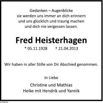 Traueranzeige von Fred Heisterhagen von Deister- und Weserzeitung