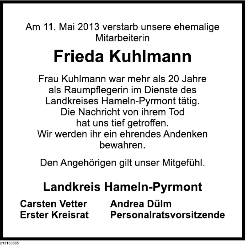  Traueranzeige für Frieda Kuhlmann vom 17.05.2013 aus Deister- und Weserzeitung