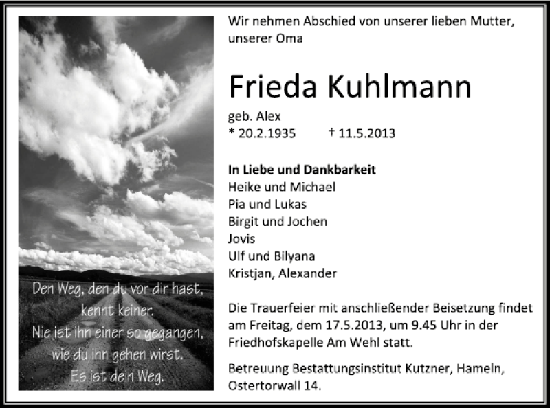  Traueranzeige für Frieda Kuhlmann vom 15.05.2013 aus Deister- und Weserzeitung
