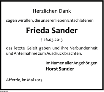Traueranzeige von Frieda Sander von Deister- und Weserzeitung