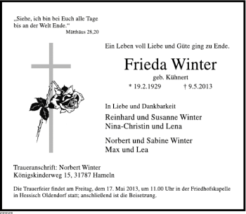 Traueranzeige von Frieda Winter von Deister- und Weserzeitung