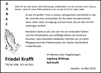 Traueranzeige von Friedel Krafft von Deister- und Weserzeitung