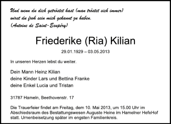 Traueranzeige von Friederike Kilian von Deister- und Weserzeitung