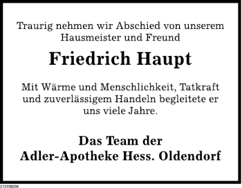 Traueranzeige von Friedrich Haupt von Deister- und Weserzeitung