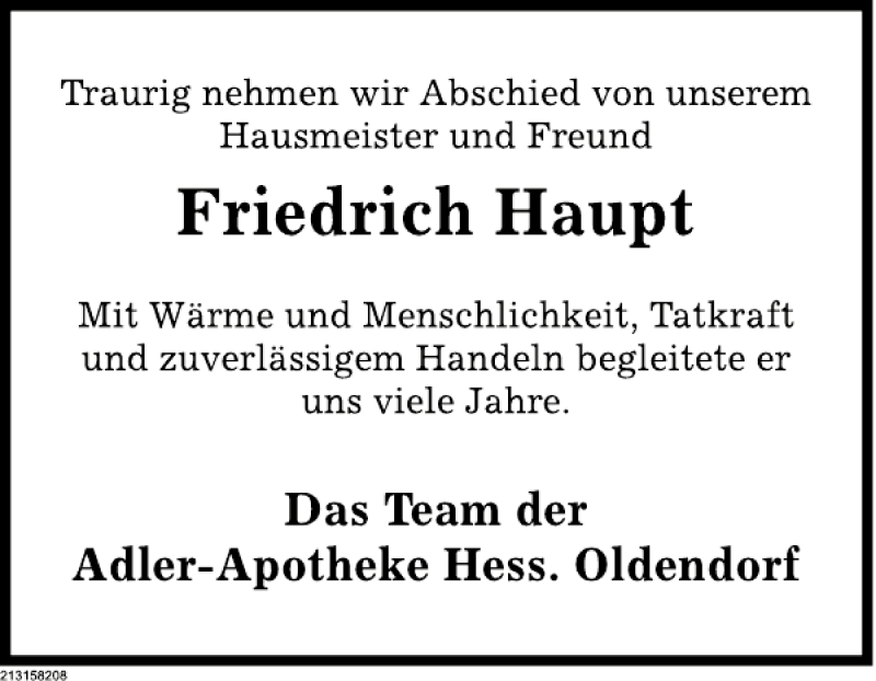  Traueranzeige für Friedrich Haupt vom 04.05.2013 aus Deister- und Weserzeitung