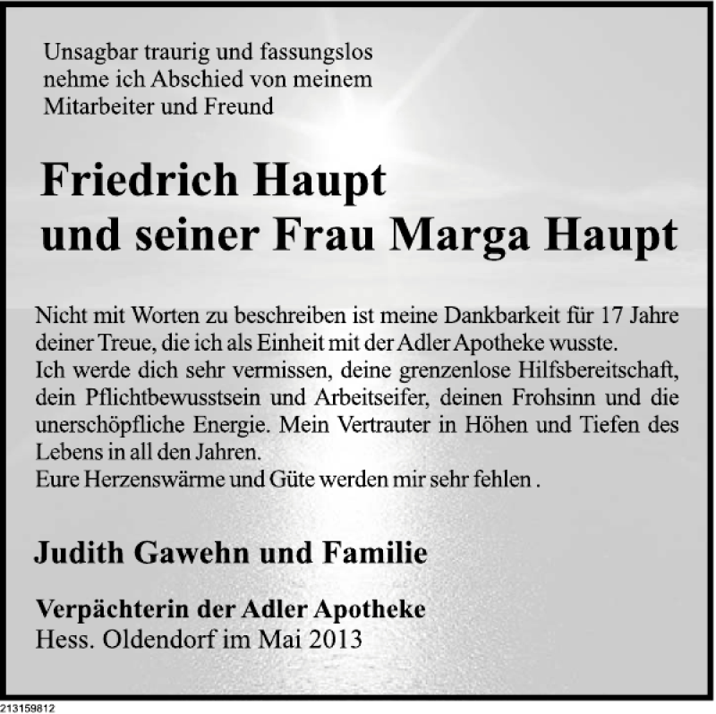  Traueranzeige für Friedrich Haupt vom 08.05.2013 aus Deister- und Weserzeitung