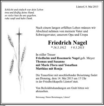 Traueranzeige von Friedrich Nagel von Deister- und Weserzeitung