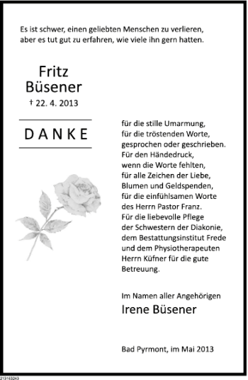 Traueranzeige von Fritz Büsener von Deister- und Weserzeitung