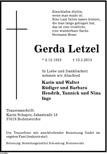 Traueranzeige von Gerda Letzel von Deister- und Weserzeitung