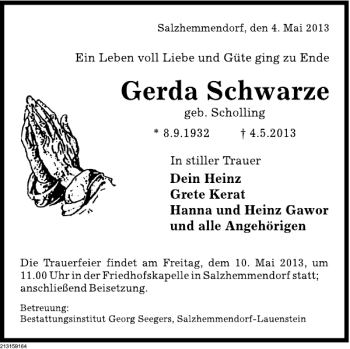 Traueranzeige von Gerda Schwarze von Deister- und Weserzeitung