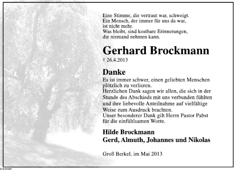 Traueranzeige für Gerhard Brockmann vom 25.05.2013 aus Deister- und Weserzeitung