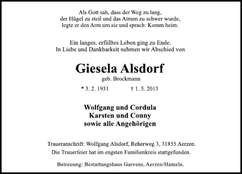  Traueranzeige für Gisela Alsdorf vom 25.05.2013 aus Deister- und Weserzeitung