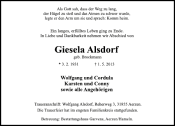 Traueranzeige von Gisela Alsdorf von Deister- und Weserzeitung