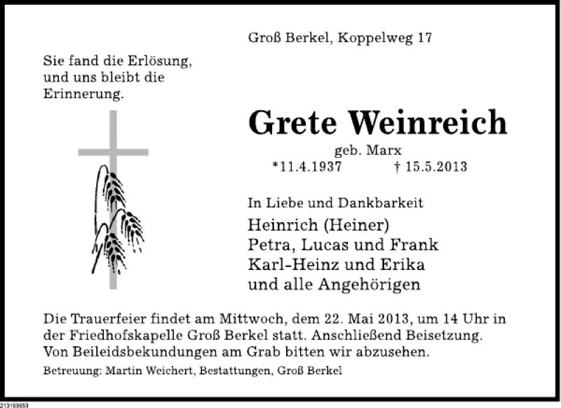  Traueranzeige für Grete Weinreich vom 18.05.2013 aus Deister- und Weserzeitung