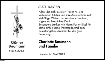 Traueranzeige von Günter Baumann von Deister- und Weserzeitung