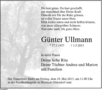 Traueranzeige von Günter Ullmann von Deister- und Weserzeitung