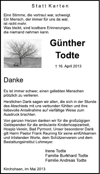 Traueranzeige von Günther Todte von Deister- und Weserzeitung