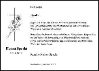 Traueranzeige von Hanna Specht von Deister- und Weserzeitung