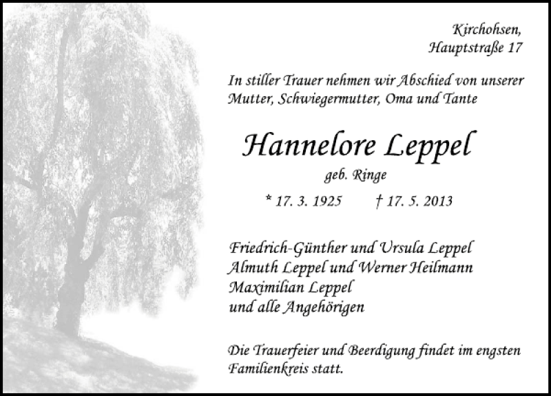  Traueranzeige für Hannelore Leppel vom 22.05.2013 aus Deister- und Weserzeitung