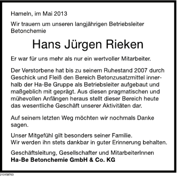 Traueranzeige von Hans-Jürgen Rieken von Deister- und Weserzeitung