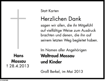 Traueranzeige von Hans Mossau von Deister- und Weserzeitung