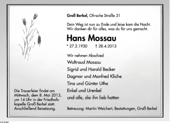 Traueranzeige von Hans Mossau von Deister- und Weserzeitung