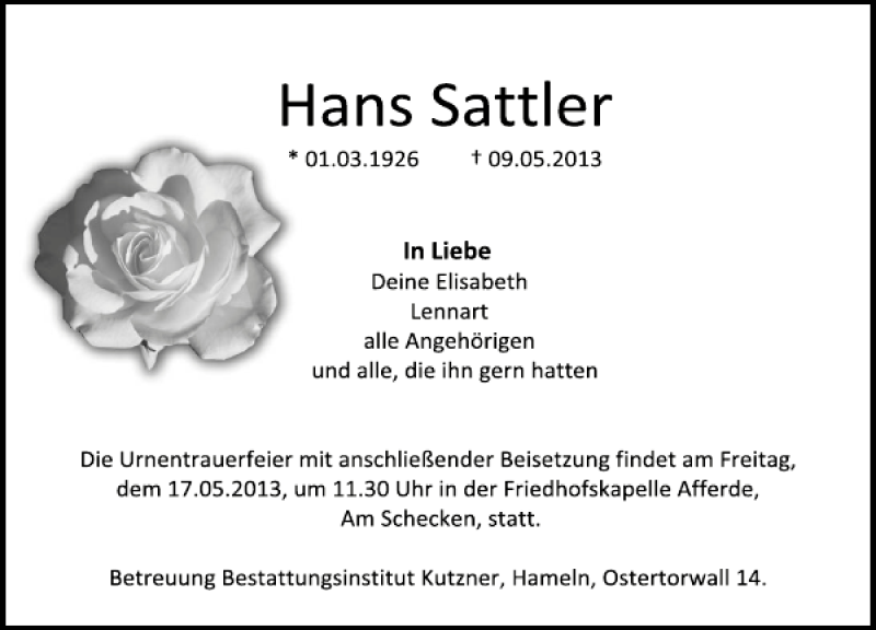 Traueranzeige für Hans Sattler vom 14.05.2013 aus Deister- und Weserzeitung