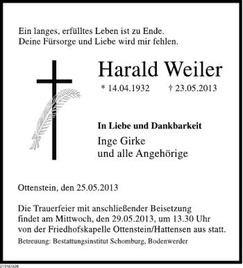 Traueranzeige von Harald Weiler von Deister- und Weserzeitung