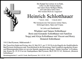 Traueranzeige von Heinrich Schlotthauer von Deister- und Weserzeitung