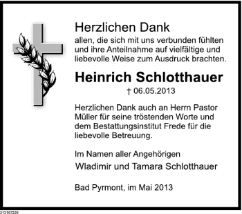 Traueranzeige von Heinrich Schlotthauer von Deister- und Weserzeitung