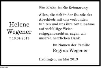 Traueranzeige von Helene Wegener von Deister- und Weserzeitung