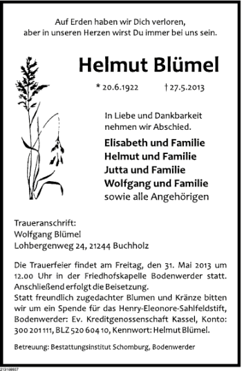 Traueranzeige von Helmut Blümel von Deister- und Weserzeitung