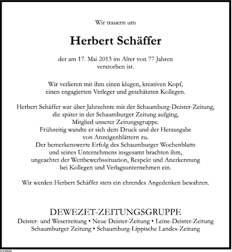  Traueranzeige für Herbert Schäffer vom 24.05.2013 aus Deister- und Weserzeitung