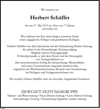 Traueranzeige von Herbert Schäffer von Deister- und Weserzeitung