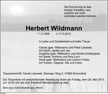 Traueranzeige von Herbert Wildmann von Deister- und Weserzeitung