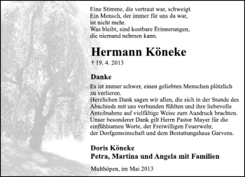 Traueranzeige von Hermann Köneke von Deister- und Weserzeitung