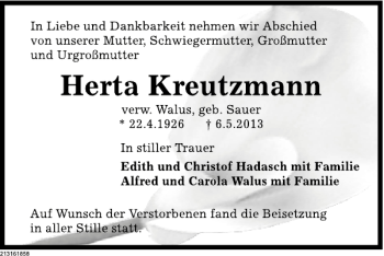 Traueranzeige von Herta Kreutzmann von Deister- und Weserzeitung
