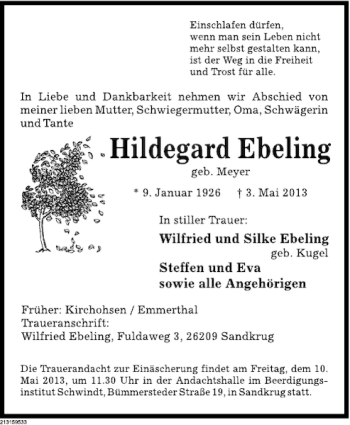 Traueranzeige von Hildegard Ebeling von Deister- und Weserzeitung