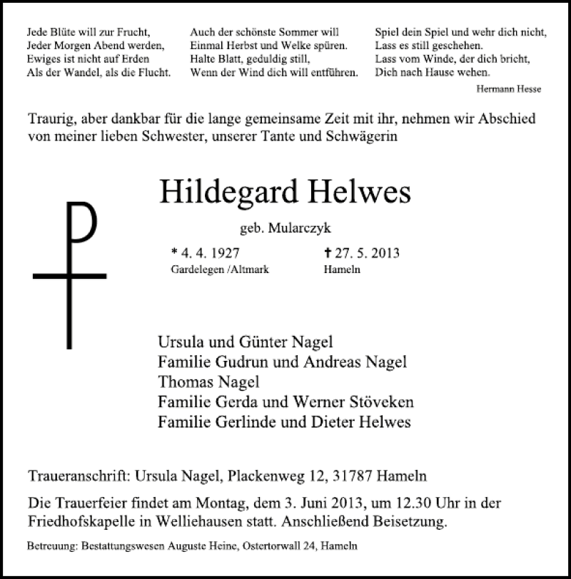  Traueranzeige für Hildegard Helwes vom 29.05.2013 aus Deister- und Weserzeitung
