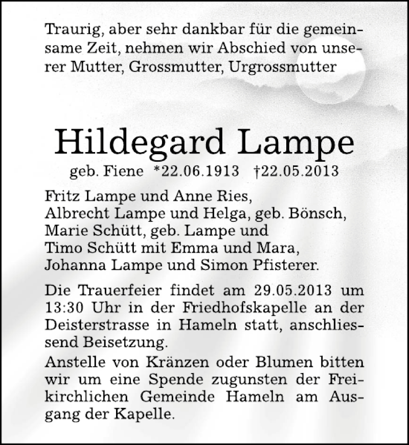  Traueranzeige für Hildegard Lampe vom 25.05.2013 aus Deister- und Weserzeitung