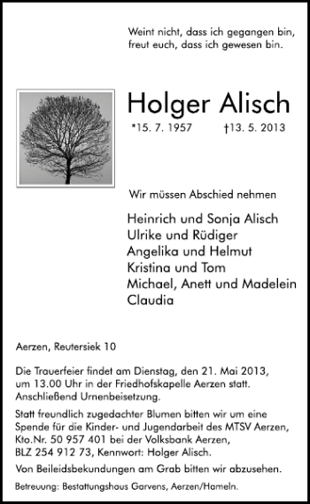 Traueranzeige von Holger Alisch von Deister- und Weserzeitung