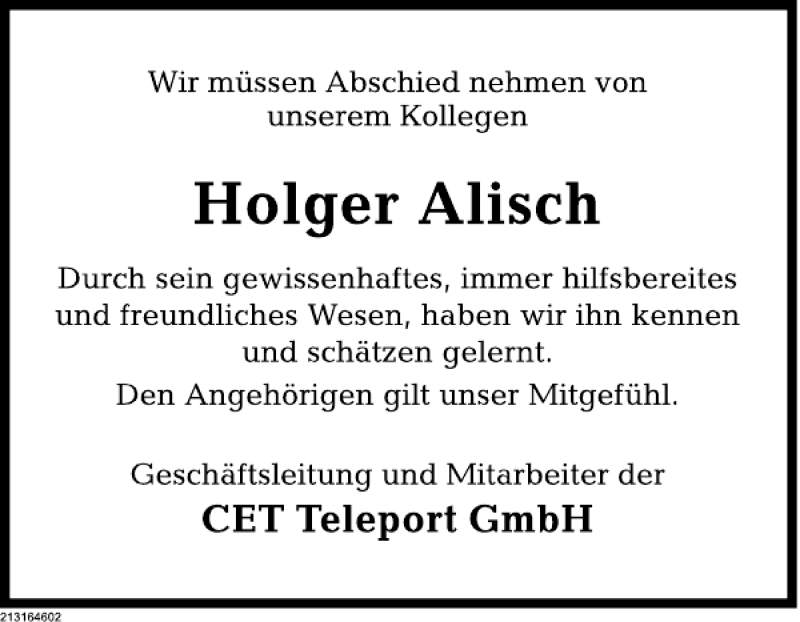  Traueranzeige für Holger Alisch vom 18.05.2013 aus Deister- und Weserzeitung