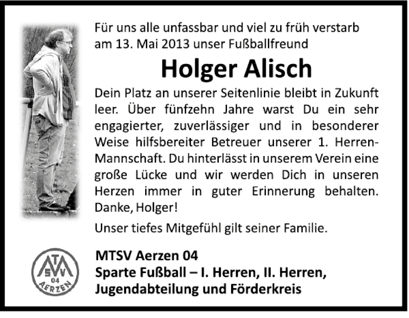  Traueranzeige für Holger Alisch vom 18.05.2013 aus Deister- und Weserzeitung