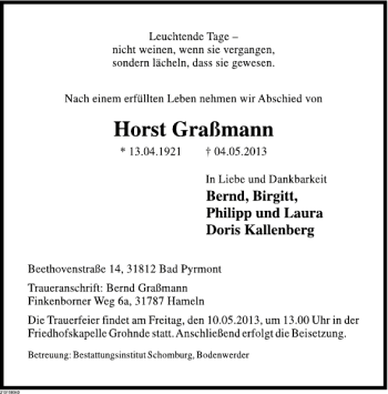 Traueranzeige von Horst Graßmann von Deister- und Weserzeitung