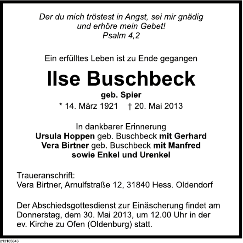  Traueranzeige für Ilse Buschbeck vom 24.05.2013 aus Deister- und Weserzeitung