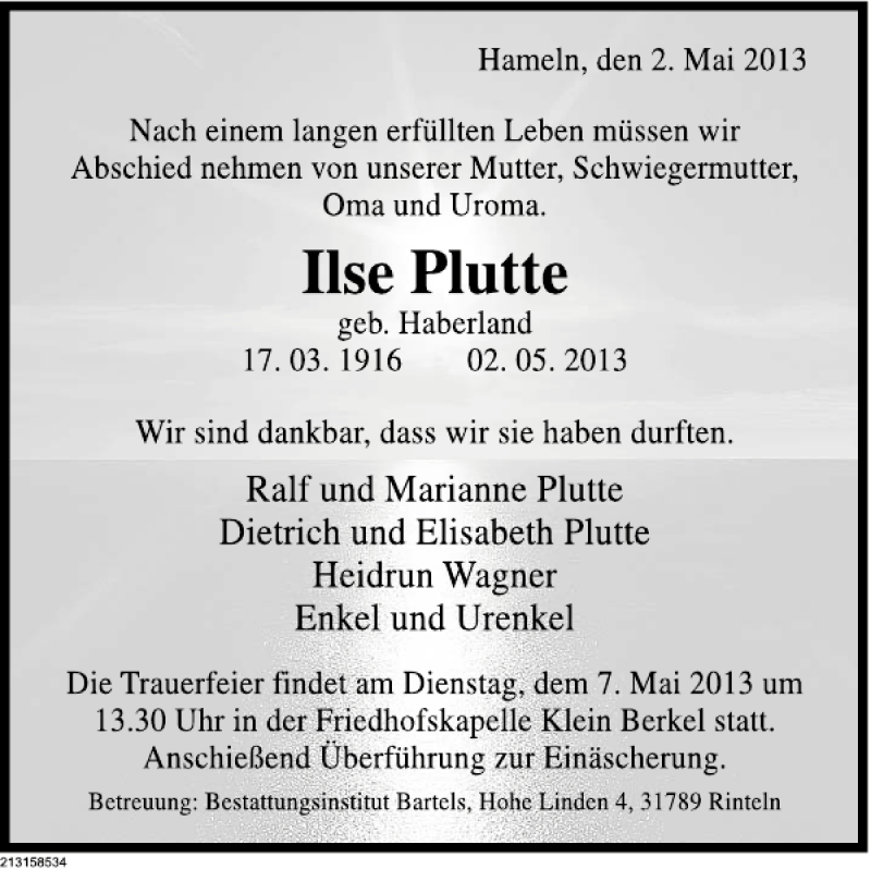 Traueranzeige für Ilse Plutte vom 04.05.2013 aus Deister- und Weserzeitung
