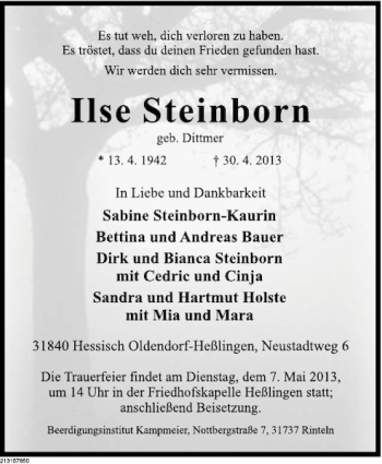 Traueranzeige von Ilse Steinborn von Deister- und Weserzeitung